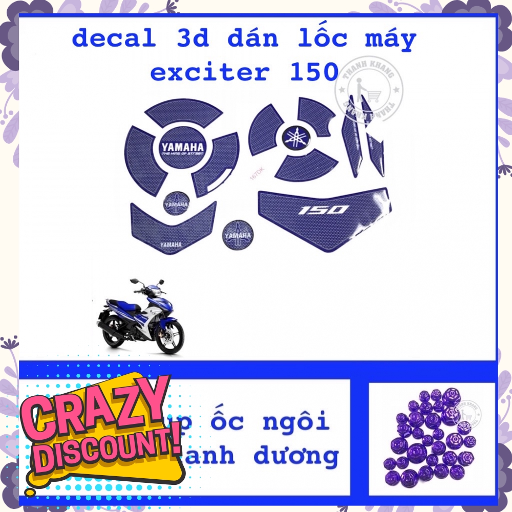 Decal 3D dán lốc máy Ex 150 xanh dương thanh khang tặng bộ chụp ốc ngôi sao trang trí màu xanh dương 006000969 006000584