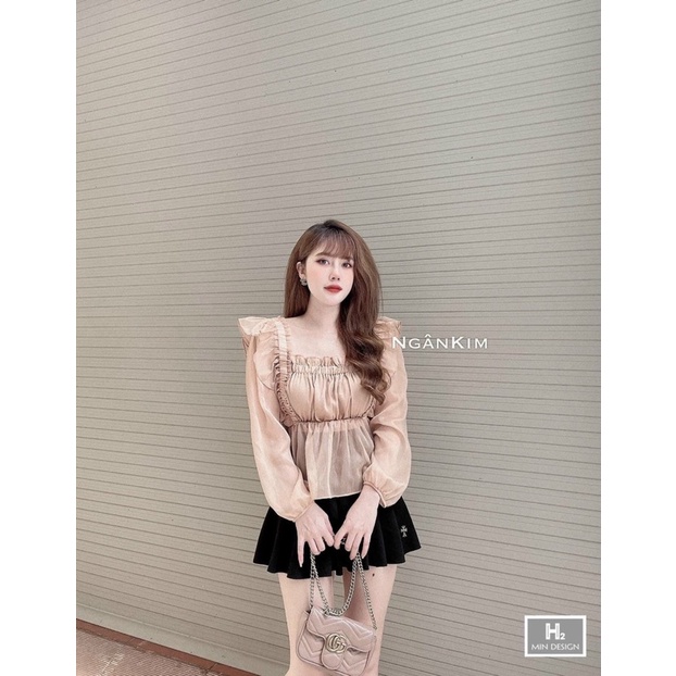Áo tơ nhún ngực tiểu thư cổ vuông