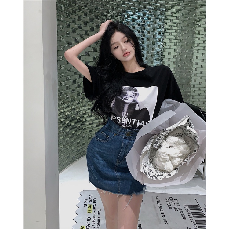 Set Áo Thun Ngắn Tay Form Rộng Và Chân Váy Denim Lưng Cao Thời Trang Mùa Hè Mới Phong Cách Hàn Quốc Cho Nữ