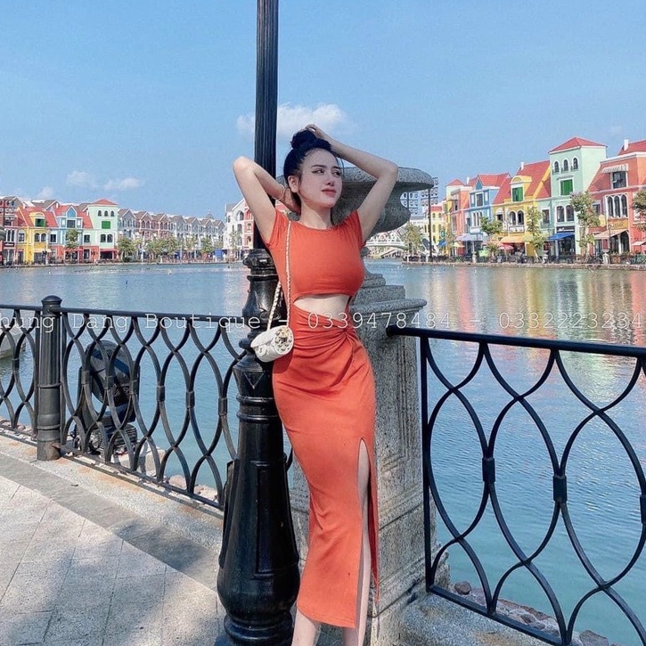 đầm body tay ngắn hở eo xoắn bụng chất gân mềm k