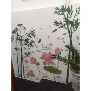 decal dán tường combo sen hồng và trúc