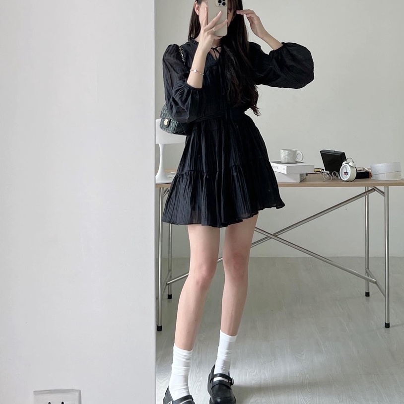 Váy babydoll dáng ngắn, váy đầm nữ dài tay tầng 2 lớp voan tơ xước freesize phom suông thắt eo hàn quốc Wikishop C1092