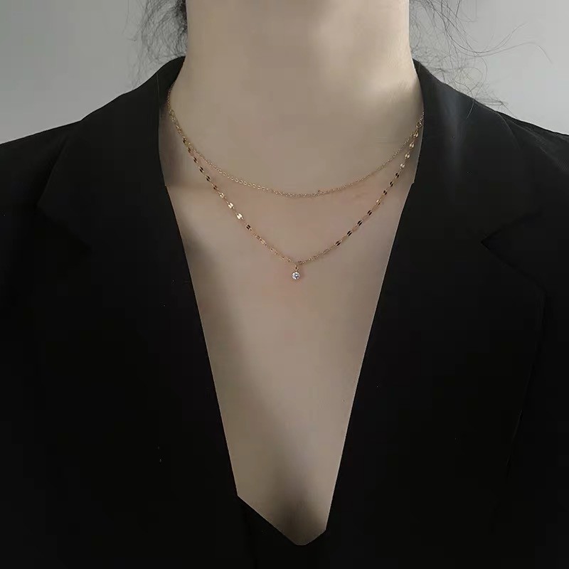Dây chuyền hai lớp đính đá zircon đơn giản phong cách Nhật Bản nhẹ nhàng sang trọng