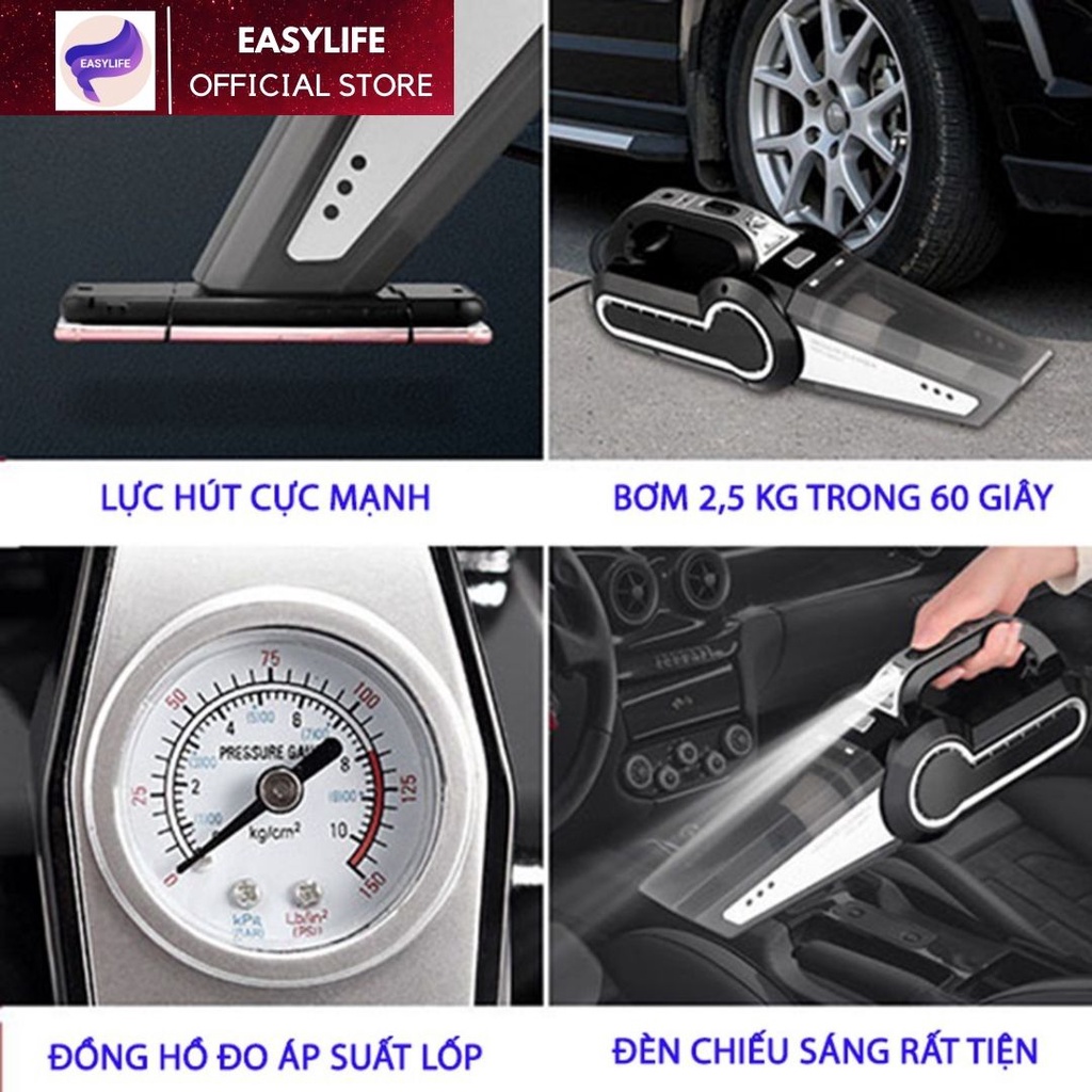 Máy hút bụi ô tô, máy bơm hơi ô tô cầm tay đa năng bốn trong một, đèn pin, đo áp suất công suất cao