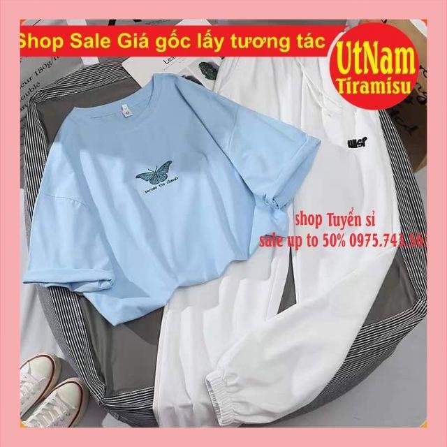 Sét áo phông Bướm + quần únp🌺Chất cotton form thụng tay lỡ🌸Form <55kg🌸 Bộ mặc nhà Unisex nam nữ