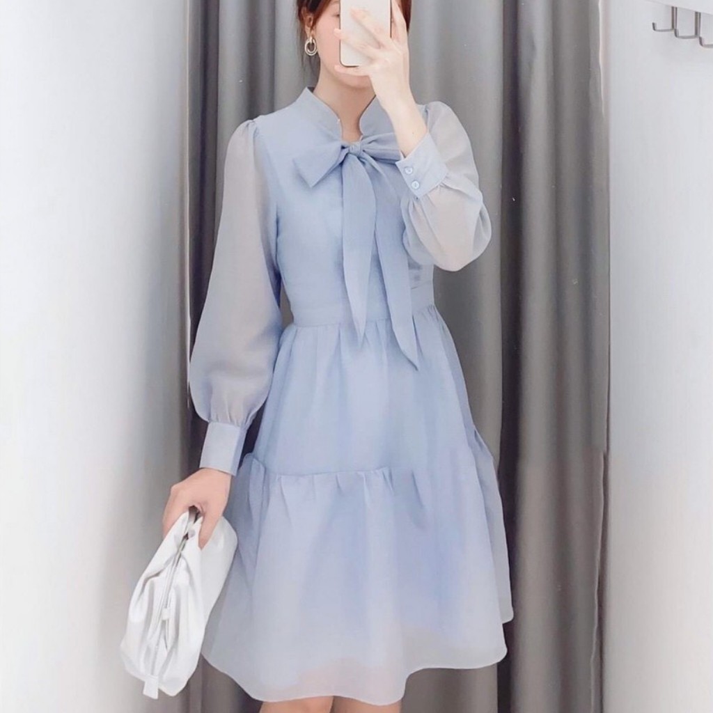 Đầm công sở trắng xanh nơ ngực tơ tầng xinh xắn | BigBuy360 - bigbuy360.vn