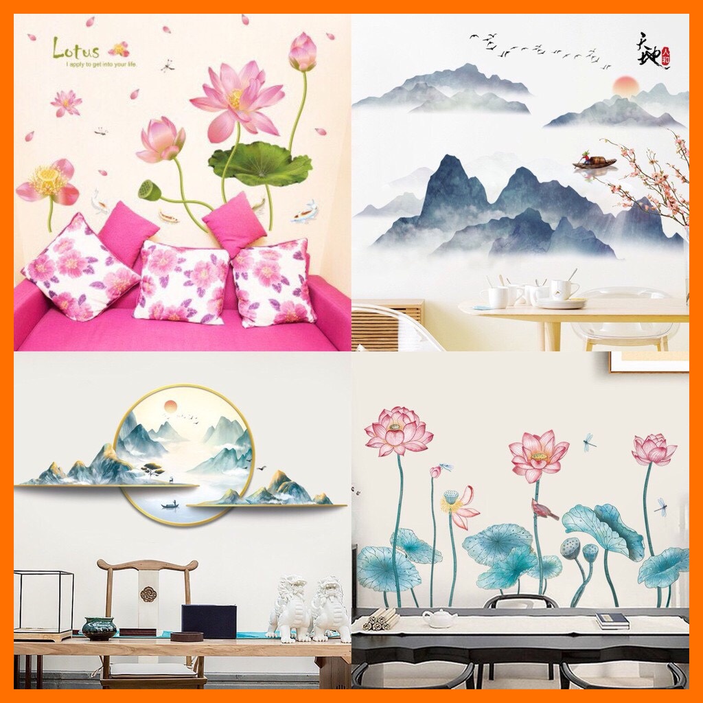 Decal dán tường tranh phong thuỷ núi non, hoa sen trang trí phòng khách phòng ngủ