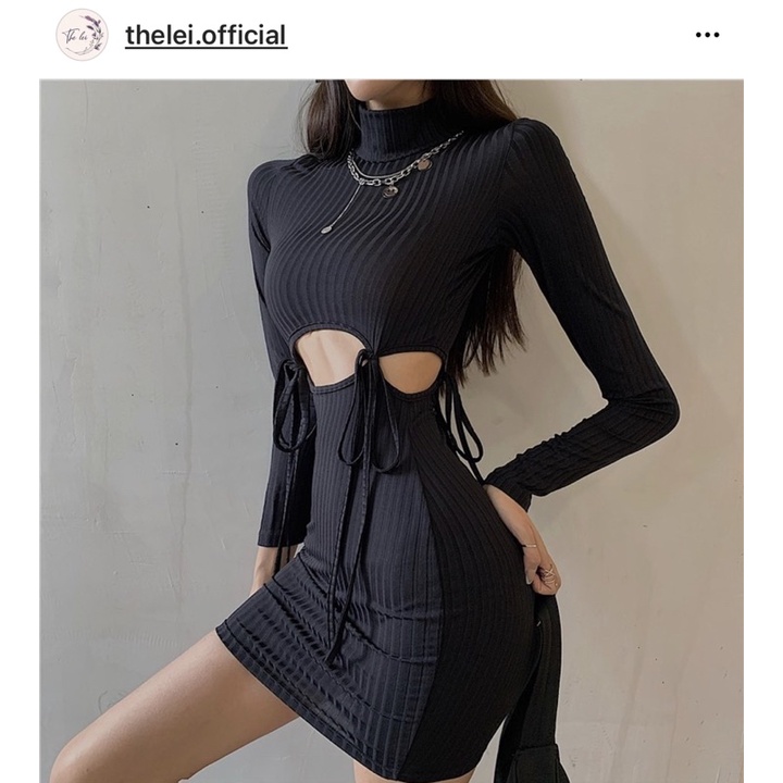 váy ôm body dáng ngắn len gân cổ cao khoét hở eo sexy