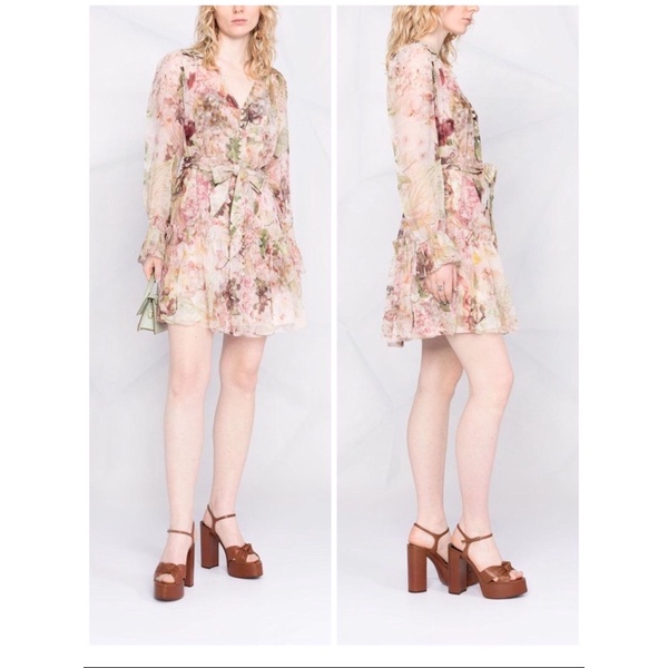 Set đầm lụa hai mảnh phối đai thắt eo cổ chữ V thương hiệu Zimmermann cao cấp hoạ tiết dáng trẻ trung sành điệu