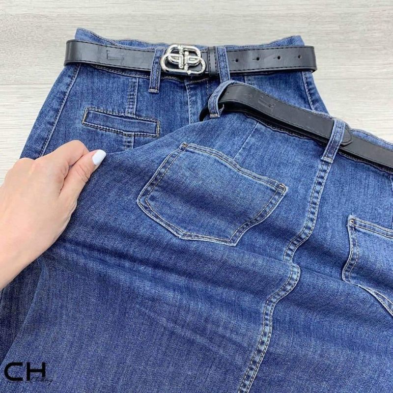 Chân váy jeans dài xẻ kèm đai chữ B hàng QCL1