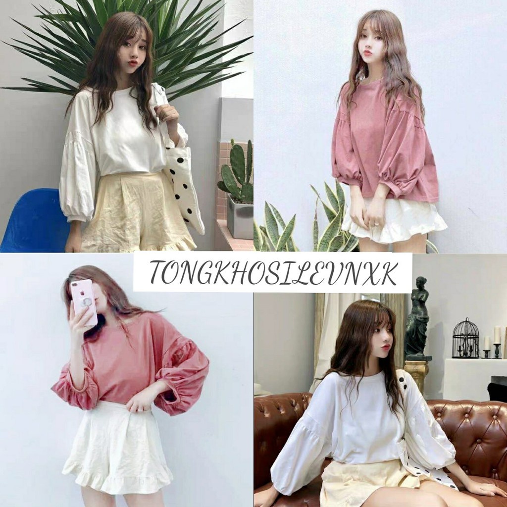 ÁO THUN NỈ TAY BỒNG ULZZANG HỒNG TRẮNG