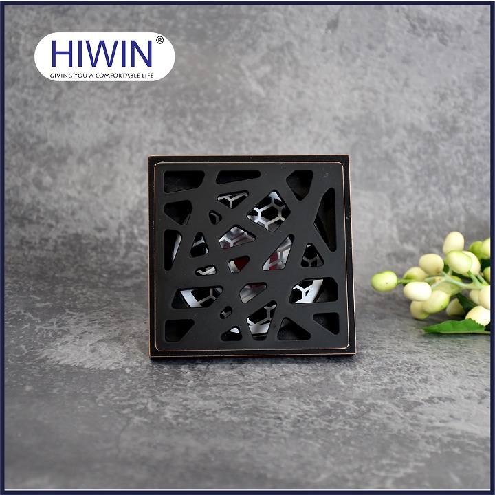 Phễu thoát sàn ngăn mùi hôi thoát nước nhanh đồng mạ đen kích thước 100x100mm HIWIN FD-1415B