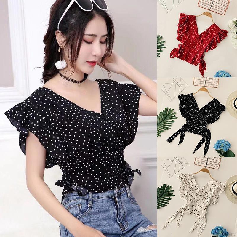 FREESHIP ĐƠN 99K_ Áo kiểu chất Chiffon tay ngắn cổ chữ V phối bèo hoạ tiết chấm bi nữ tính