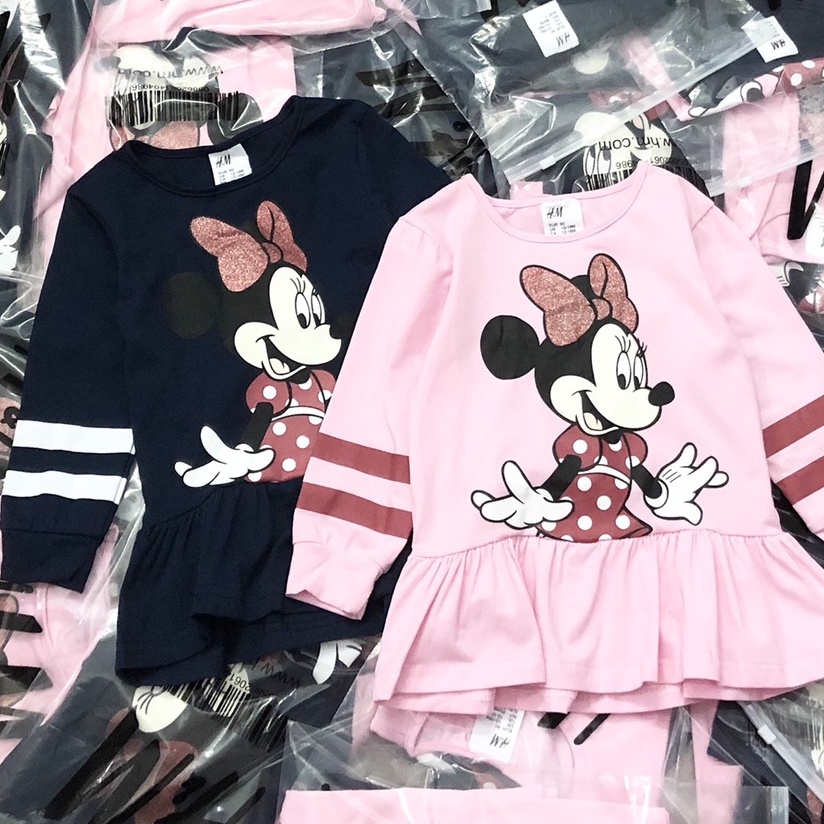 Váy đầm thu đông cho bé gái - Set 2 váy Minnie Hm chất cotton cho bé gái size 1-6t