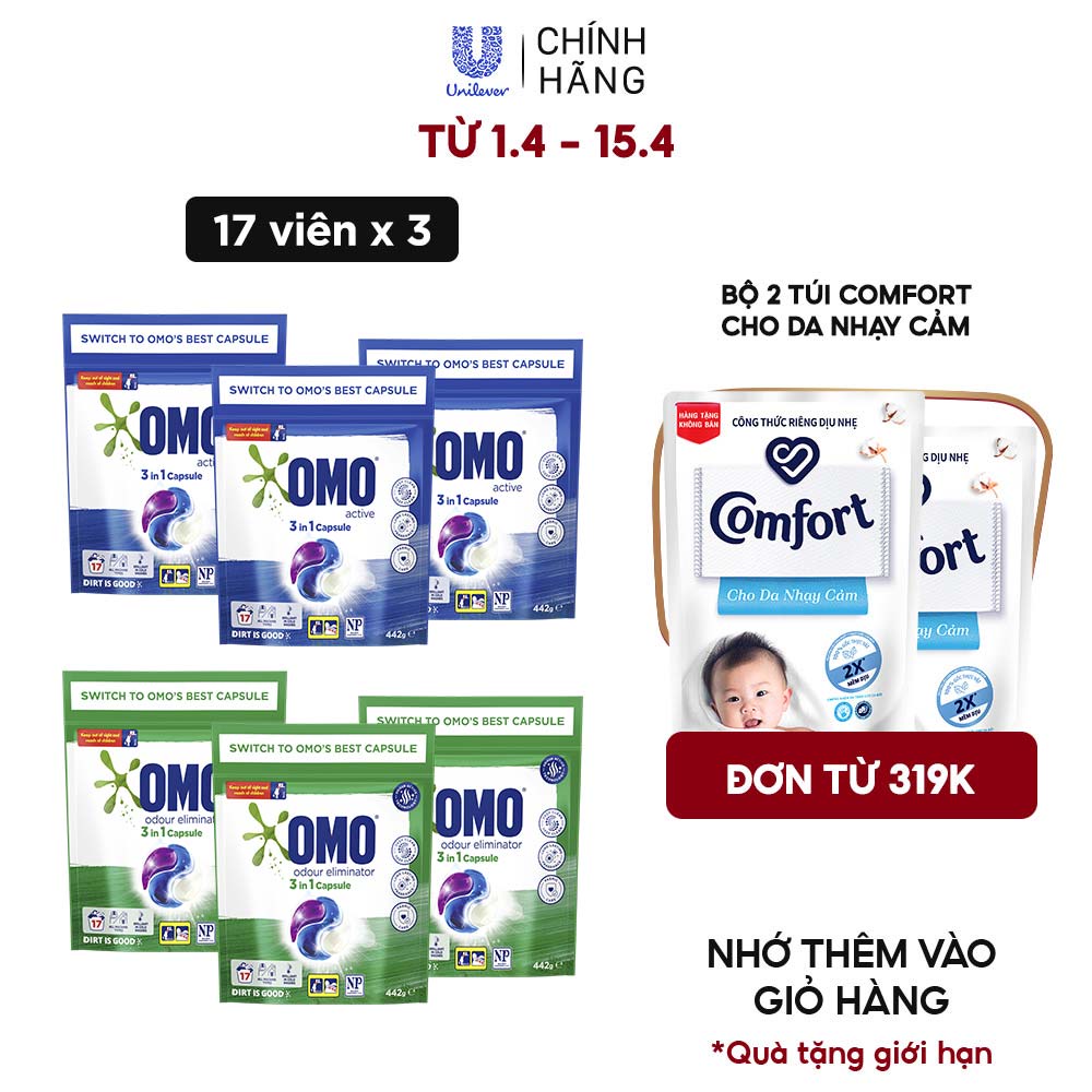 Combo 3 Túi Viên Giặt Tiện Lợi OMO Công Nghệ Anh Quốc (17 Viên/Túi)