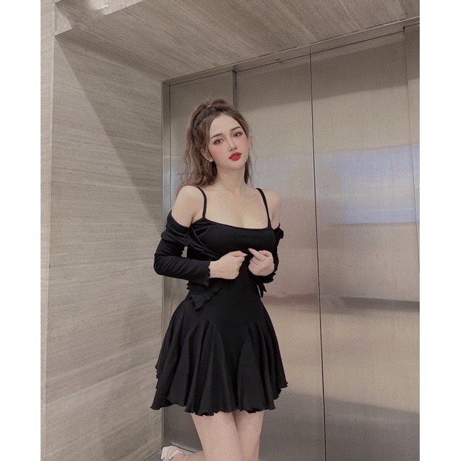 Set đầm hai dây dáng xòe kèm áo khoác chất lụa- Ringu shop