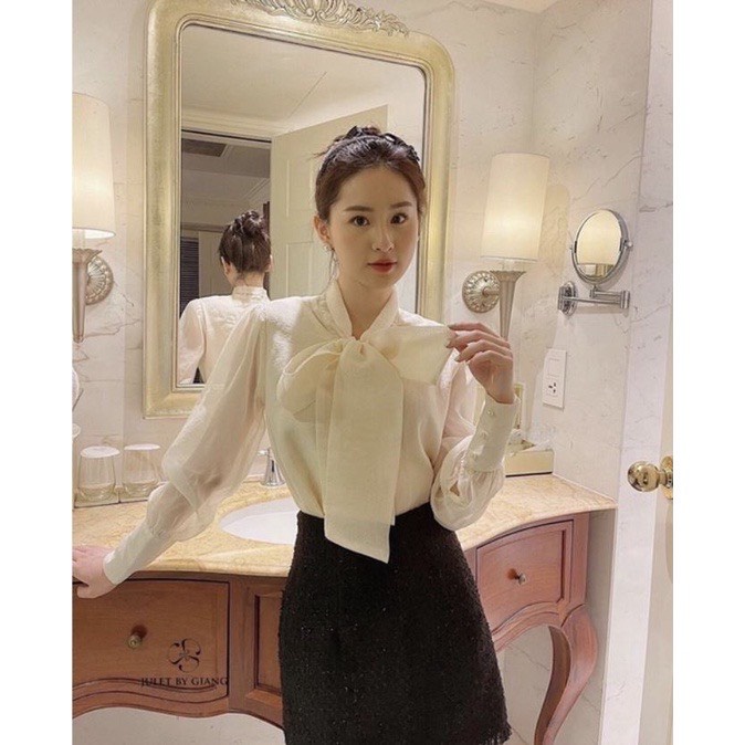 Áo sơ mi nơ cổ bèo Crotop , Áo Sơ Mi Dáng Ngắn Cách Điệu