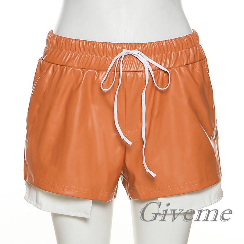 Quần Short Da PU Lưng Thun Rút Dây Màu Trơn Tương Phản Phong Cách Đơn Giản Hiệu Givenme Cho Nữ