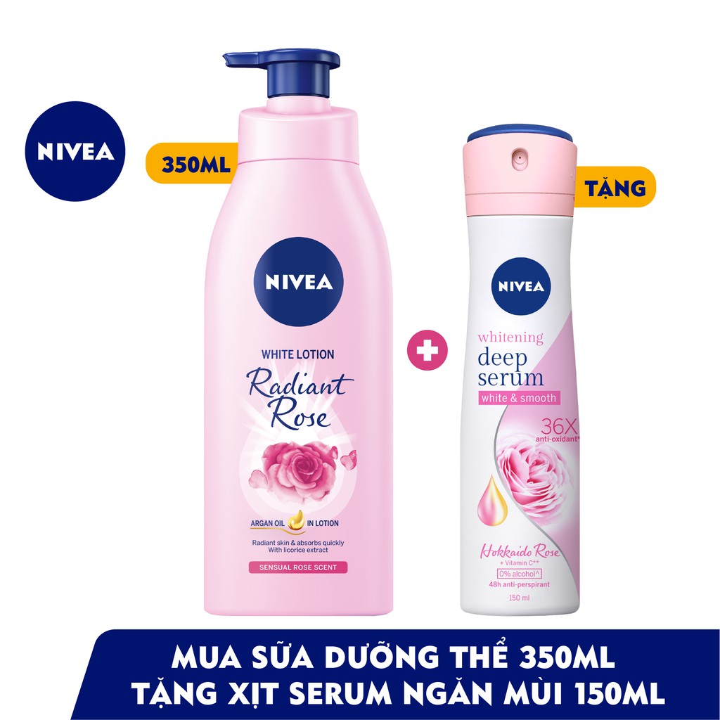 Sữa dưỡng thể Nivea dưỡng trắng hương hoa hồng 350ml (85707) + TẶNG Xịt serum ngăn mùi Nivea 150ml (85304) - 101057474 | BigBuy360 - bigbuy360.vn