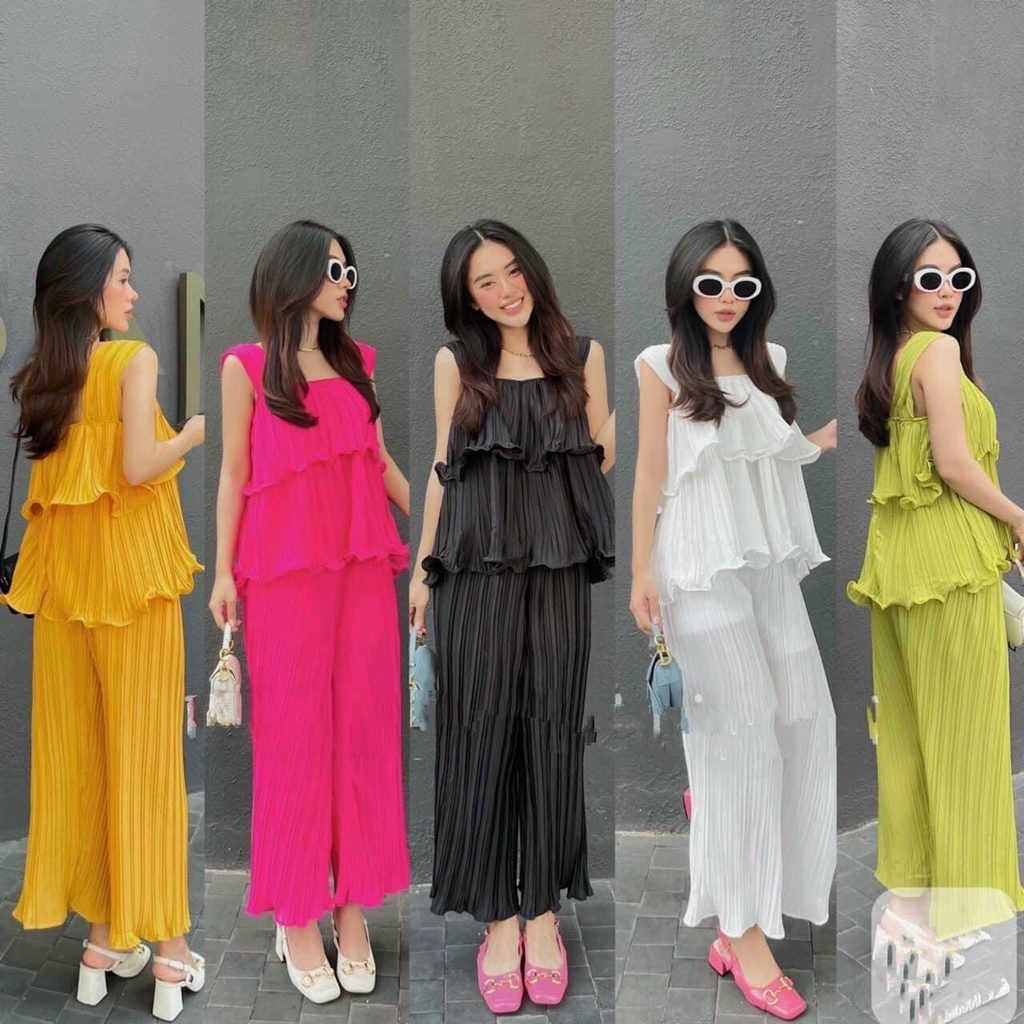 [ Miễn phí ship 2022 ] Set bộ lụa dập ly 2 tầng quần ống rộng, bộ nữ bánh bèo áo cánh tiên nhiều màu cực chanh xả