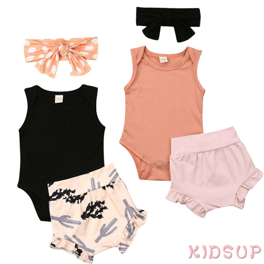 Set áo liền quần tã bằng cotton và quần short kèm băng đô cho bé gái sơ sinh