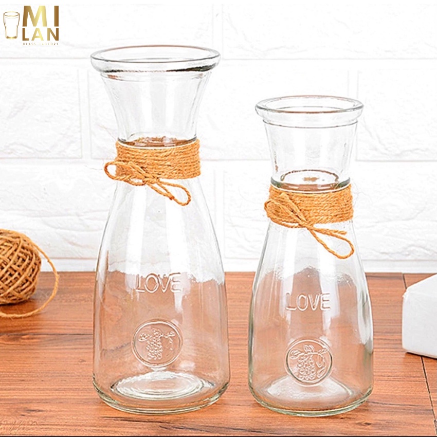 Lọ cắm hoa thủy tinh eo nhỏ 350ml và eo lớn 500ml dập nổi chữ LOVE tặng kèm 2m dây trang trí ML-E020