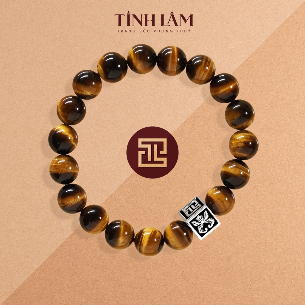 TINH LÂM Vòng Tay Phong Thủy Đá Mắt Hổ Nâu 10 Li - Charm Vuông Sen