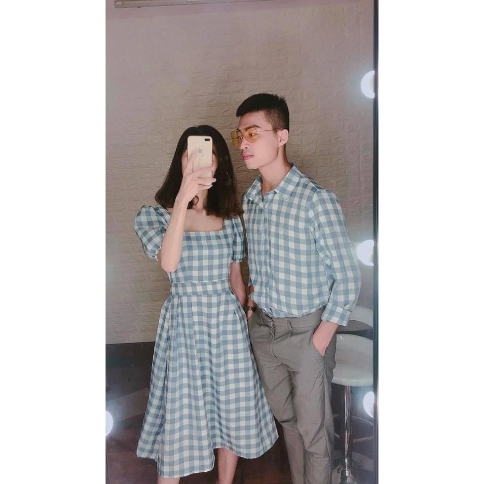 Set váy áo sơ mi đôi 🎀FREESHIP🎀 Đồ đôi váy nữ áo sơ mi nam caro chất đẹp Hàn Quốc - AV103 YAME Couple Yo