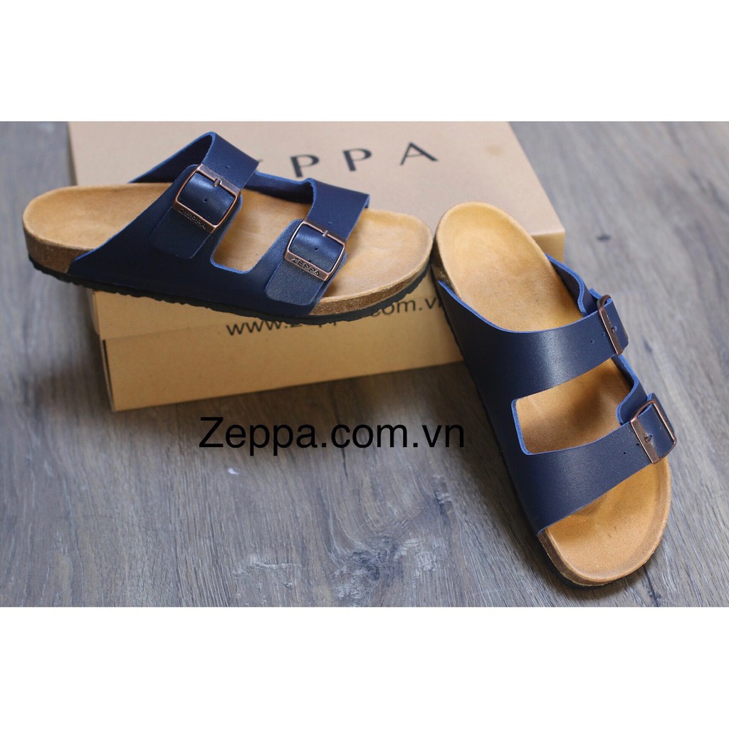 ZEPPA - DÉP ĐẾ TRẤU 2 QUAI BẢN LỚN ĐẾ MỚI - MÀU XANH NAVY - Da bò thật 100%