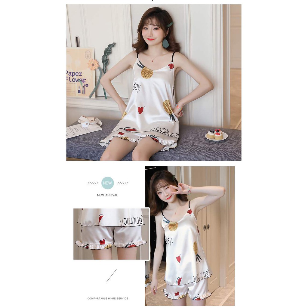 Đồ Bộ Nữ Phi Lụa Satin Có Lót Mút, ĐỒ BỘ NGẮN 2 DÂY CUTE ULZZANG chất vải nhẹ Siêu mịn mát 2 Size 45-60kg