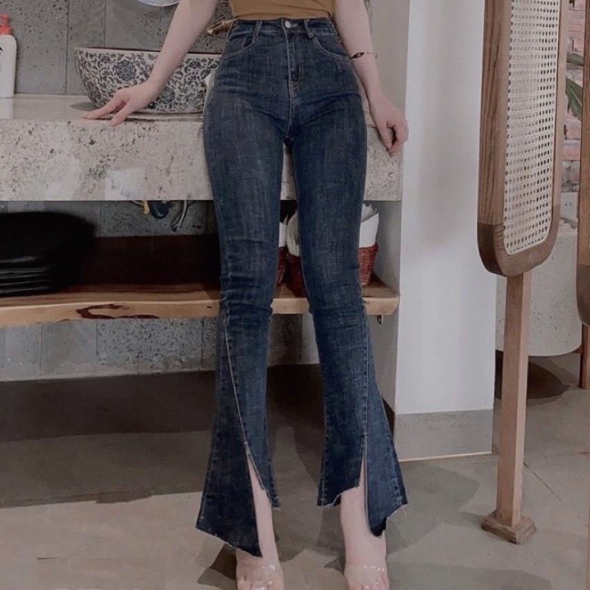 Quần bò ống loe Jeanny Jeans nữ xẻ gấu hack dáng quần bò nữ cạp cao siêu hot chất dày đẹp 849
