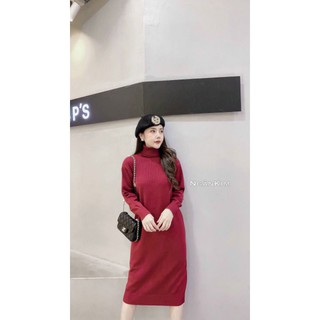 Váy len lông cừu dáng suông, cổ lọ