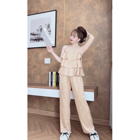 Bộ lụa dây tầng, phối quần dài màu trơn xinh