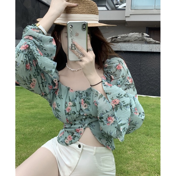 Áo sơ mi hoa nhí tay dài Emilyshop ulzzang