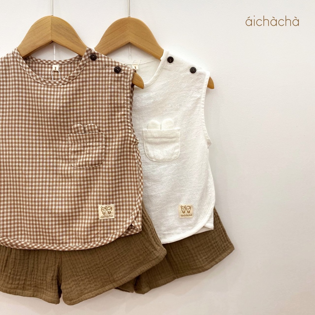 áichàchà - Bộ quần áo ba lỗ Dim Set chất liệu thô đũi muslin mát mẻ mùa hè cho bé trai 1-5 tuổi