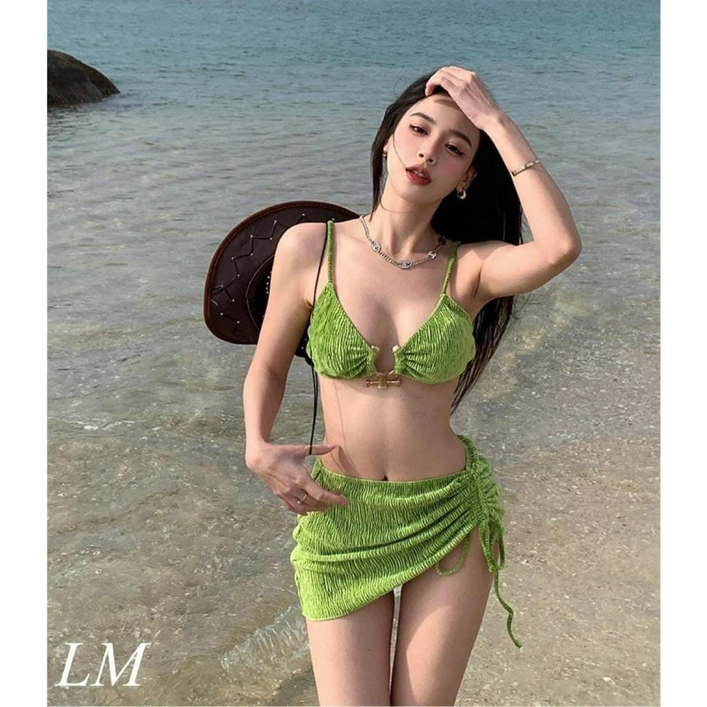 Set bikini 3 mảnh nữ bộ đồ bơi đi biển màu xanh nhung sexy ulzzang Hàn Quốc