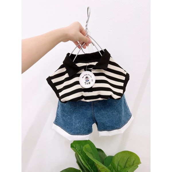 Set áo len lưới mix quần jean xanh bé gái
