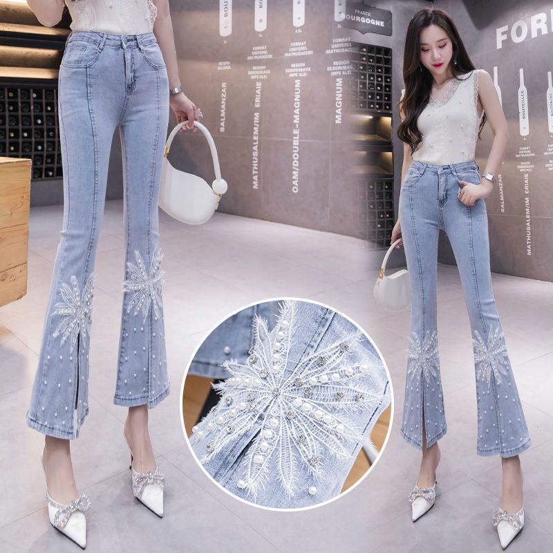 Quần Jean Ống Loe Xẻ Tà Cạp Cao Ôm Dáng Đính Hạt Cườm Công Nghiệp Mới Cho Nữ