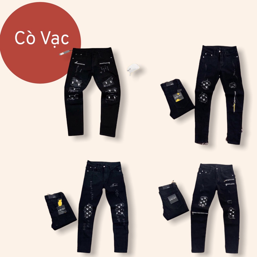 Quần Jean Nam Khóa Gối Vá Da Hoạ Tiết Thỏ,Thời Trang Nam Ống Côn