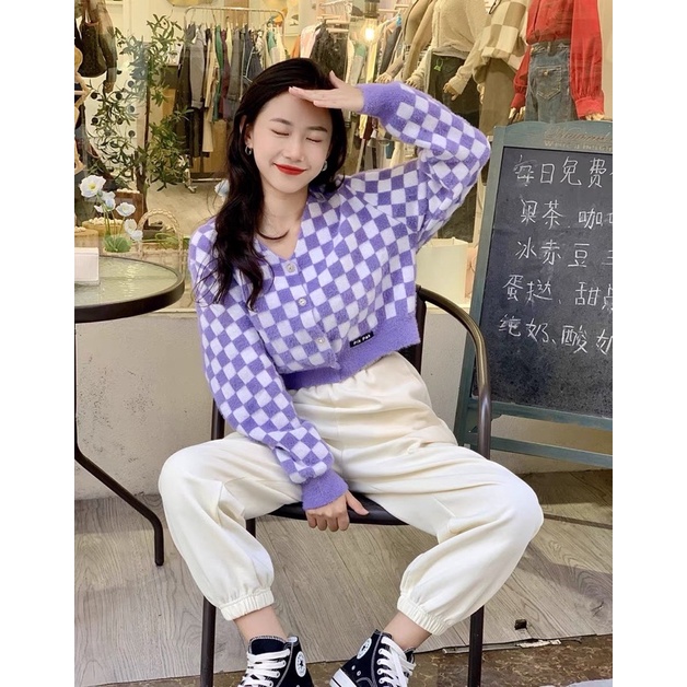 Áo ca rô lông tím dài tay CÚC TỊNH Y phong cách ulzzang SAM SAM BOUTIQUE