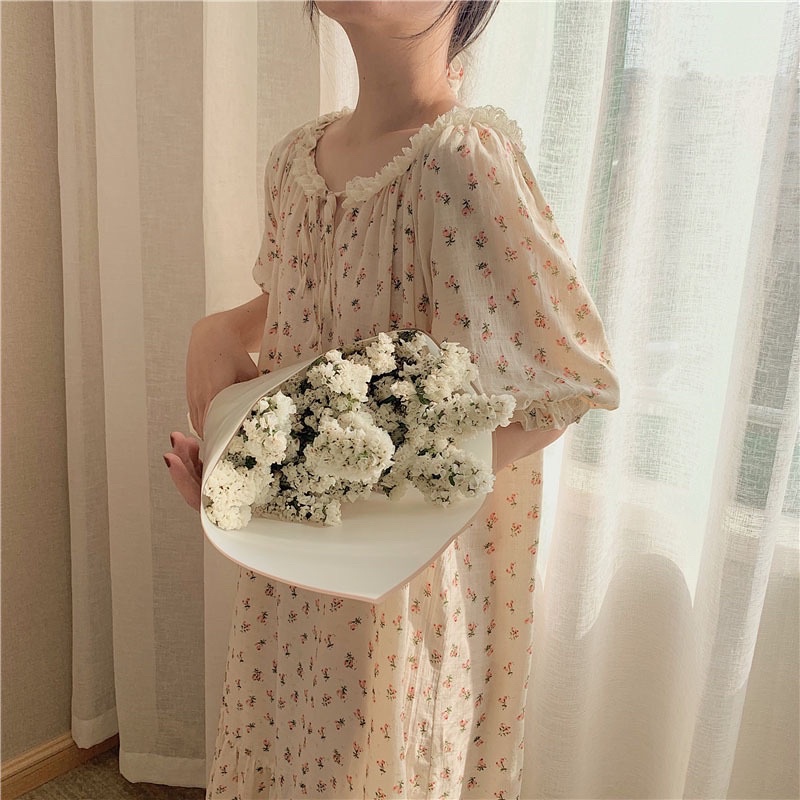 Váy nữ tay ngắn chất đũi mịn hoạ tiết hoa nhí dễ thuơng Quảng Châu cao cấp | BigBuy360 - bigbuy360.vn