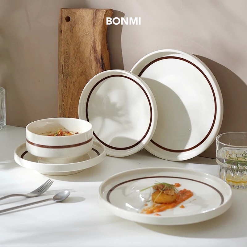 Tô đĩa viền nâu sâu lòng phong cách Hàn Quốc- BONMI DECOR