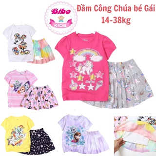 Bộ váy cotton Bé Gái size đại-Set Áo Cộc Tay Chân Váy Xòe Kèm quần chip in hình công chúa siêu đáng yêu