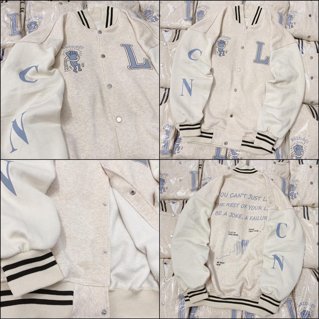 Áo Bomber nỉ màu kem nhạt in chữ L (hình thật) form unisex | BigBuy360 - bigbuy360.vn