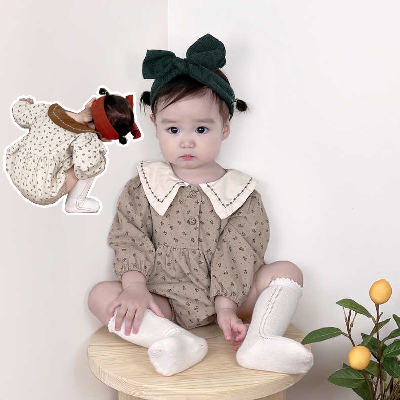 Bộ Áo Liền Quần Tay Dài Cổ Bẻ In Họa Tiết Chấm Bi Xinh Xắn Cho Bé Gái Từ 0-2 Tuổi