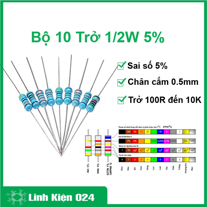 Gói 10 con trở vạch 1/2W 5% giá trị từ 100R đến 10K