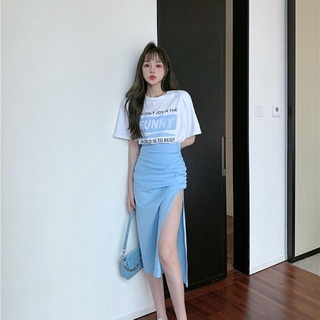 Bộ áo + chân váy voan lưng cao xẻ tà thời trang mùa hè 2021 cho nữ