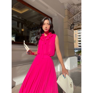 Set áo chiffon cổ bèo dập li và chân váy midi dập ly huong boutique - hbsm993 hbz404