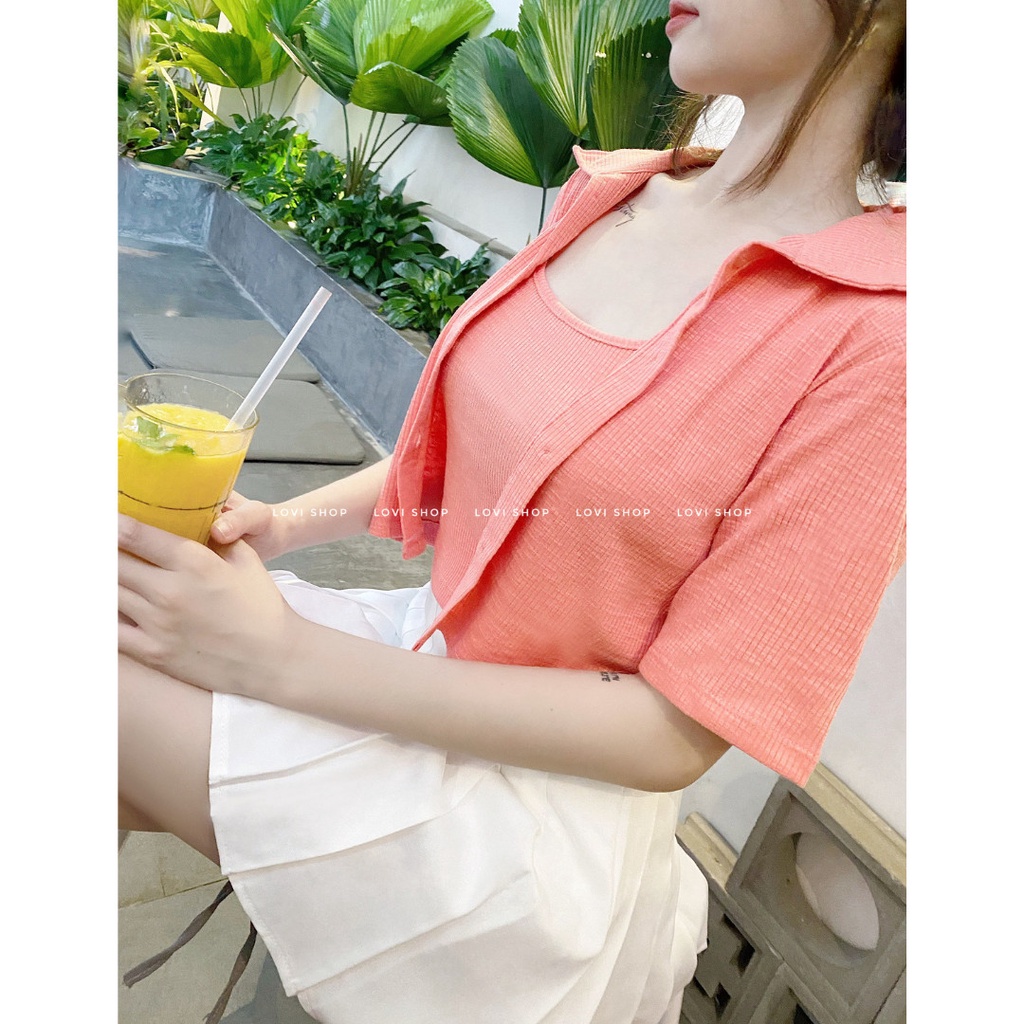 LOVI SHOP - Set áo croptop sơ mi+ áo hai dây basic thun tăm gân mềm LOVI