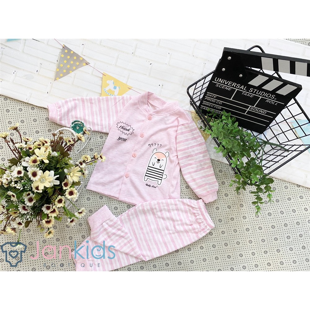 Bộ quần áo dài tay thu đông Unchi hình gấu nỉ cotton sợi tre mềm mịn, giữ ấm cho bé